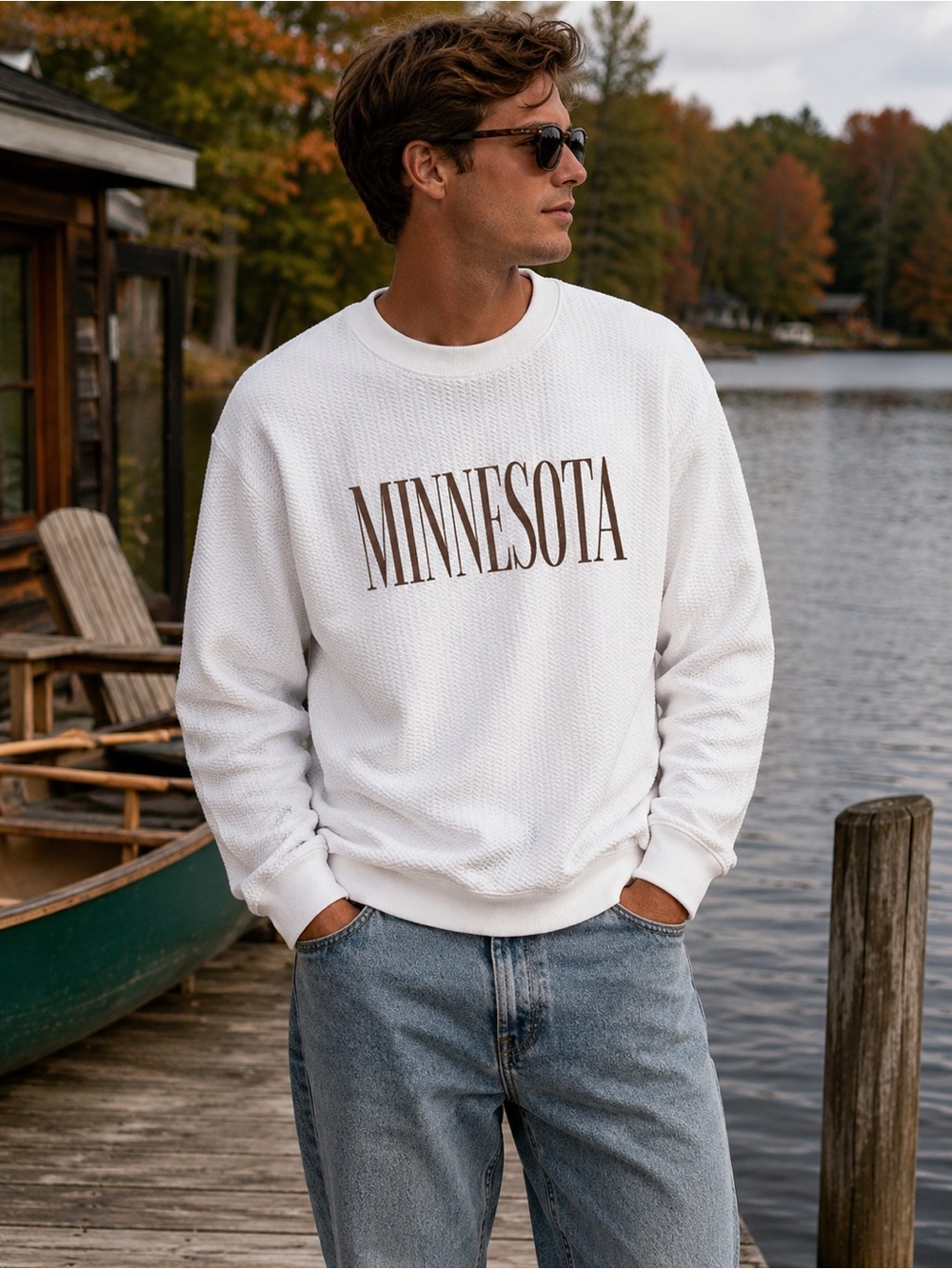 Minnesota Textured White Crewneck Sweatshirt Oversized Cozy Pullover M